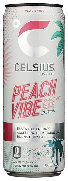 CELSIUS SPARKLING PEACH VIBE, FUNCTIONAL ESSENTIAL ENERGY DRINK, 12 FL OZ