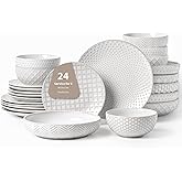 FOBENTA 24-Piece Ceramic Dinnerware Set,Large Plates and Bowls Set for 6,Elegant Dish Set for Families & Entertaining–Microwave & Dishwasher Safe Tableware (Double Bowl)