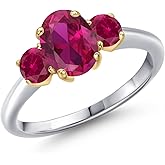 Gem Stone King 10K 2 Tone Gold Red Created Ruby 3-Stone Engagement Ring For Women | 1.85 Cttw | Oval 8X6MM | Gemstone July Birthstone