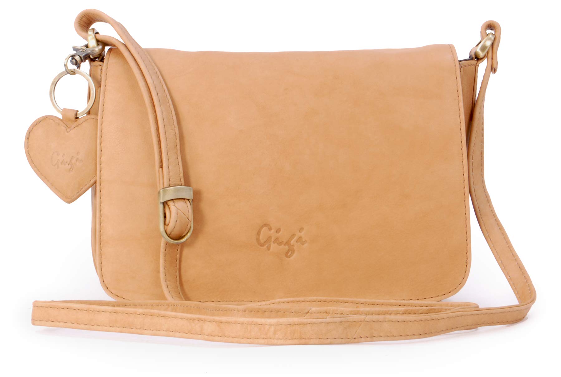 Gigi - Women's Small Leather Crossbody Bag - Flap Over Organiser Handbag - Multiple Pockets - With Heart Keyring Charm - Othello 14578 Honey