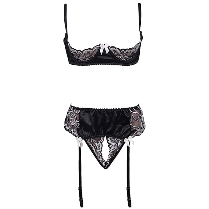 GWELL Damen Sexy Reizwäsche Spitze Brustfrei Transparent Push Up BH Slips mit Strumpfhalter Set Lingerie Dessous Große Größen
