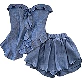 GORGLITTER Women's Ruffle Short Sets Asymmetrical Hem Bandeau Tube Top Flared Shorts Matching Outfits Blue Large