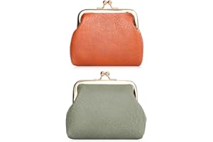 Oyachic 2 Pcs Leather Coin Purse,Vintage Change Purse for Women,Coin Wallet,Kiss lock,Green and Brown