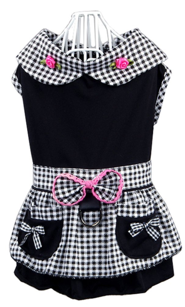 Hdwk&Hped Dog Dress with Leash Ring, Plaid Maid Style Dog Costume for Small Dog Cat Black #2