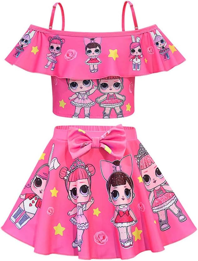 Toddler Baby Girls Swimsuits Two Piece Doll Print Ruffle Swimwear Bathing Suit for Doll Surprised Beach Tankinis