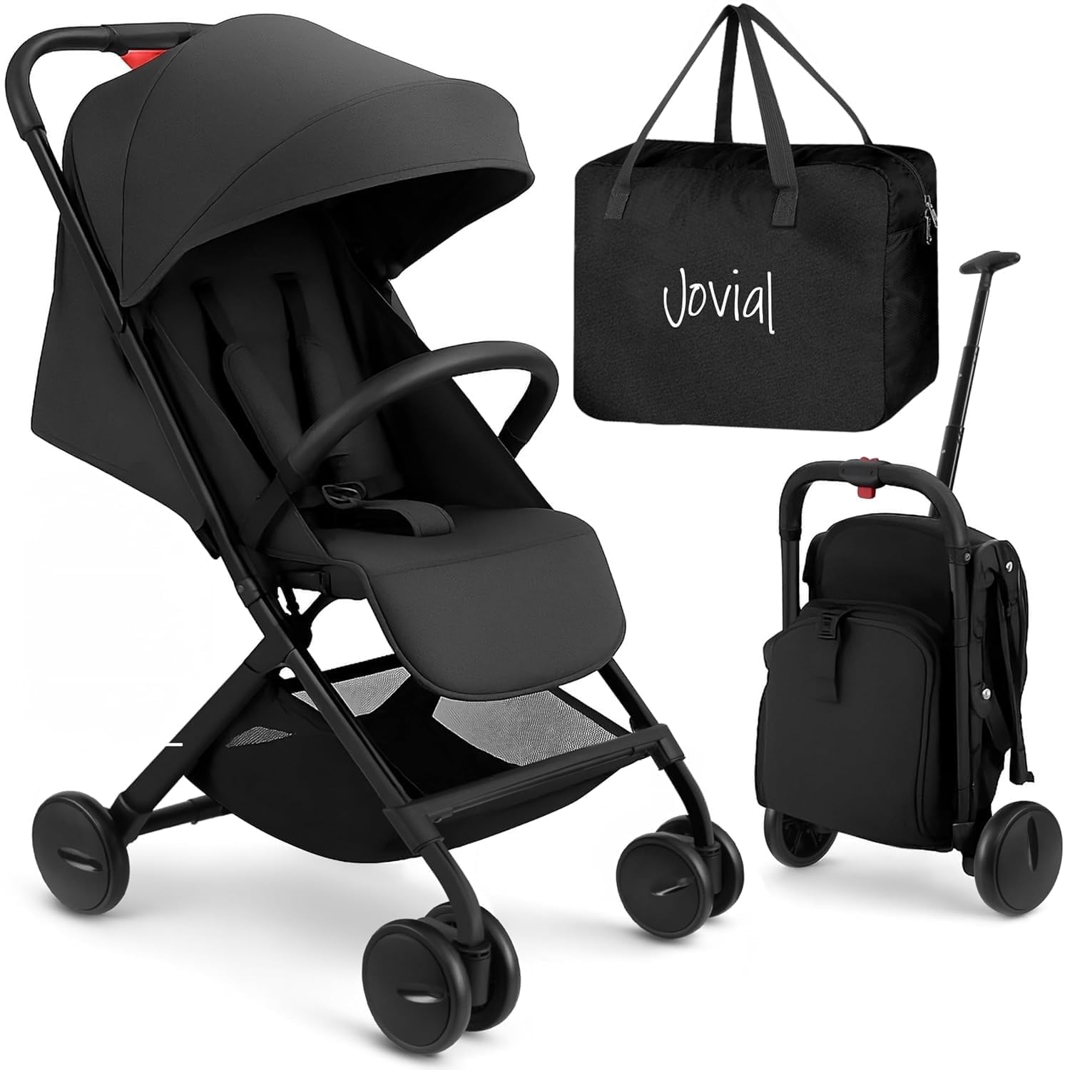 Photo 1 of Jovial Lightweight Baby Stroller, Folding Travel Stroller with Reclining Seat, Canopy, 5-Point Safety Harness, Storage Basket, Smooth Wheels, Compact Portable Design (39.8" x 18.7" x 32.3")
