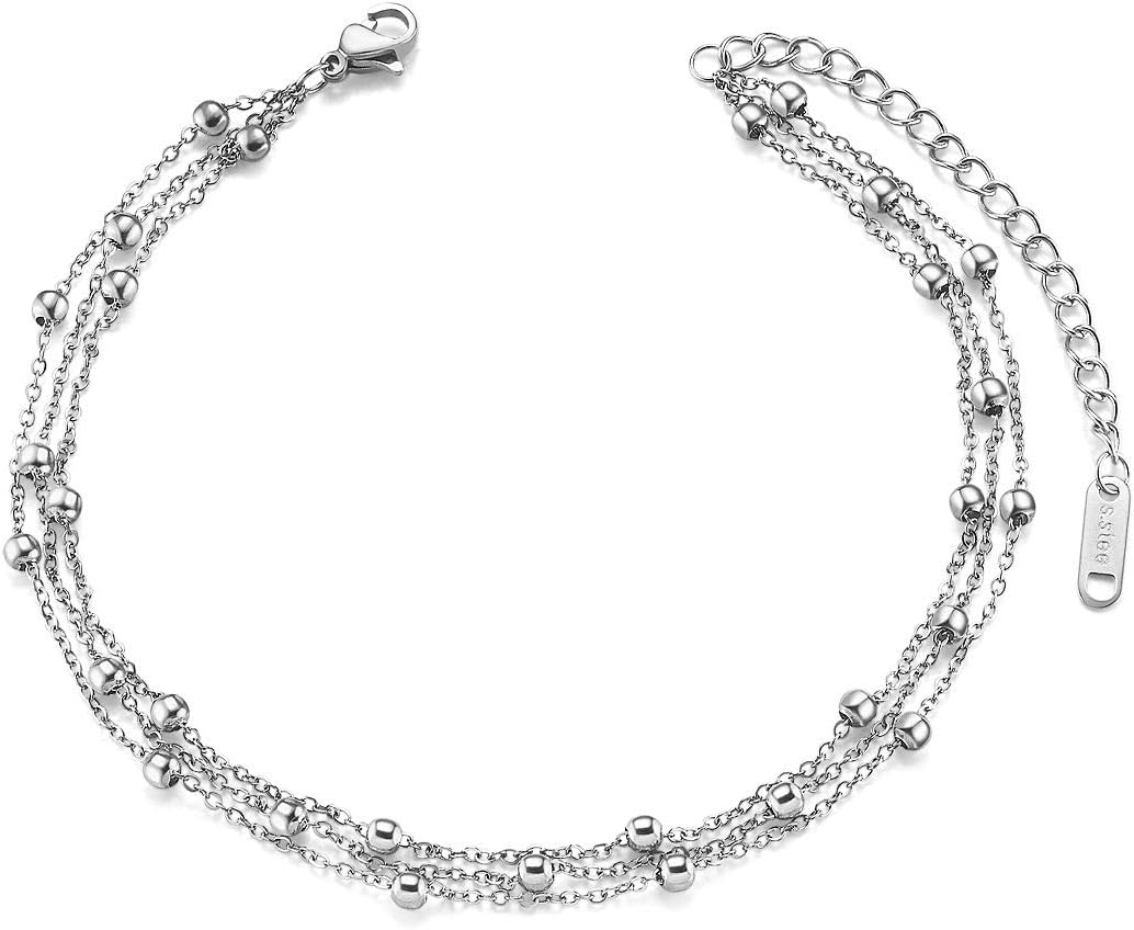 Titanium Steel Anklet with Multilayer Chain and Beads Beach Sandals Barefoot Adjustable Rose Gold/Platinum for Woman and Girls, Jewelry for Mother's Day