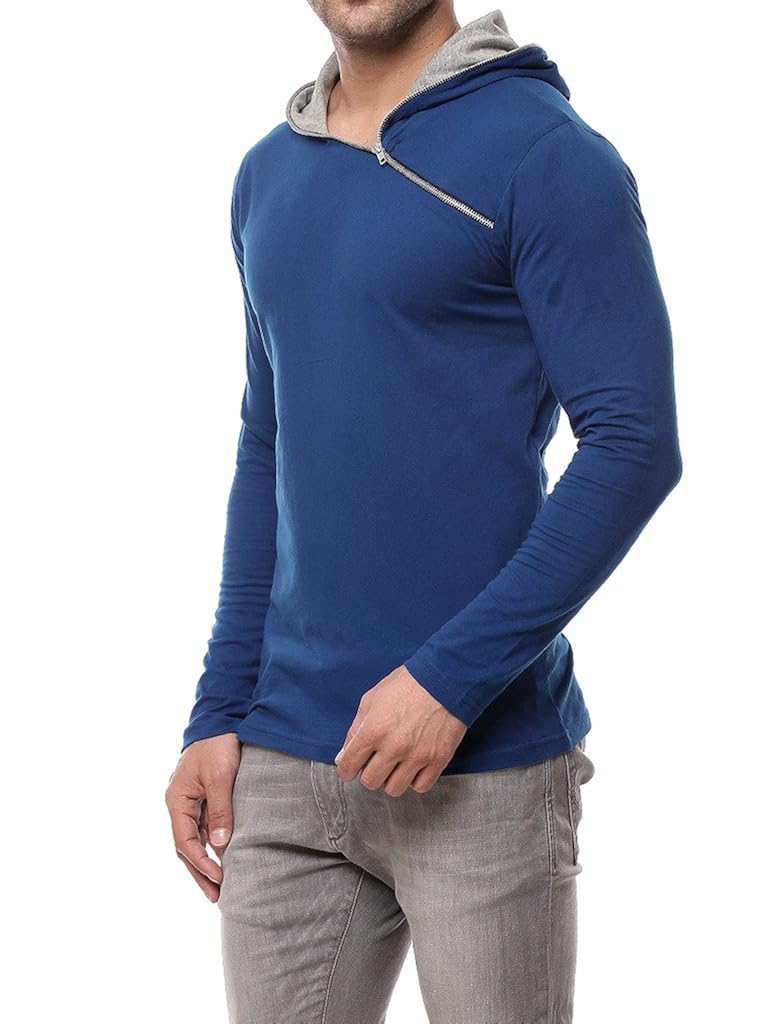 gritstones men's cotton full sleeve hooded t-shirt indigo/grey melange