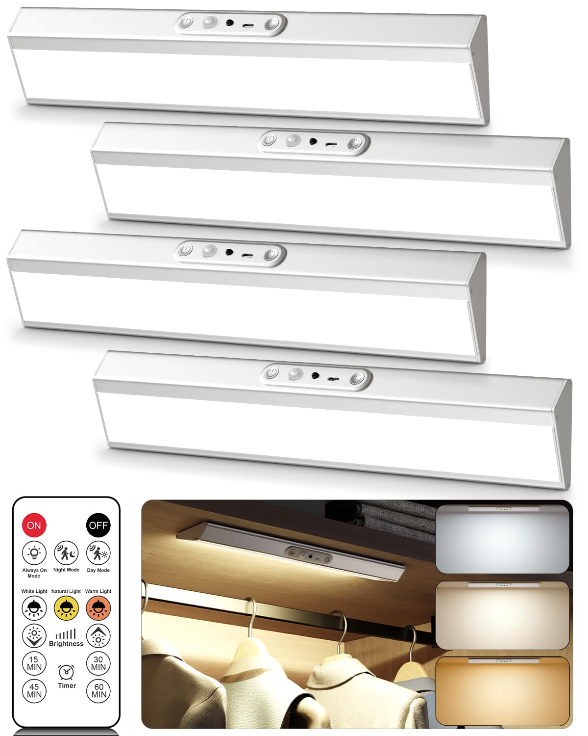 Photo 1 of Motion Sensor Closet Lights, Eye Protection Design Under Cabinet Lighting Wireless with Remote Control, 3 Color Temps & Dimmable, Rechargeable Under Counter Light for Kitchen, Wardrobe, Shelf, Pantry