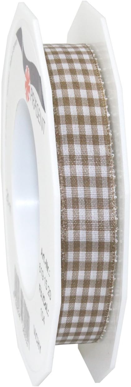 PRÄSENT - Vichy Wired Ribbon Taupe-White 15 mm width, 20 m length, Lime-white, 15mm - 20m