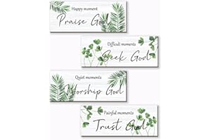 ONIZHITY 4 Pcs Green Bathroom Decor Religious Farmhouse Wall Art Inspirational Bible Verse Green Leaf Rustic Wooden Christian Sign for Home Bathroom Office Bedroom Living Room Kitchen(Green 10x4)
