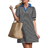ZESICA Womens Summer Striped T Shirt Mini Dresses 2026 Casual Lapel V Neck Short Sleeve Flowy A Line Beach Vacation Dress