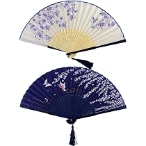 Lot De 2 éventails Pliants Chinois Motif Papillon Bleu Et Fleurs Cerisier - 37,5 X 21 Cm - Pour Danse, Cosplay, Mariage