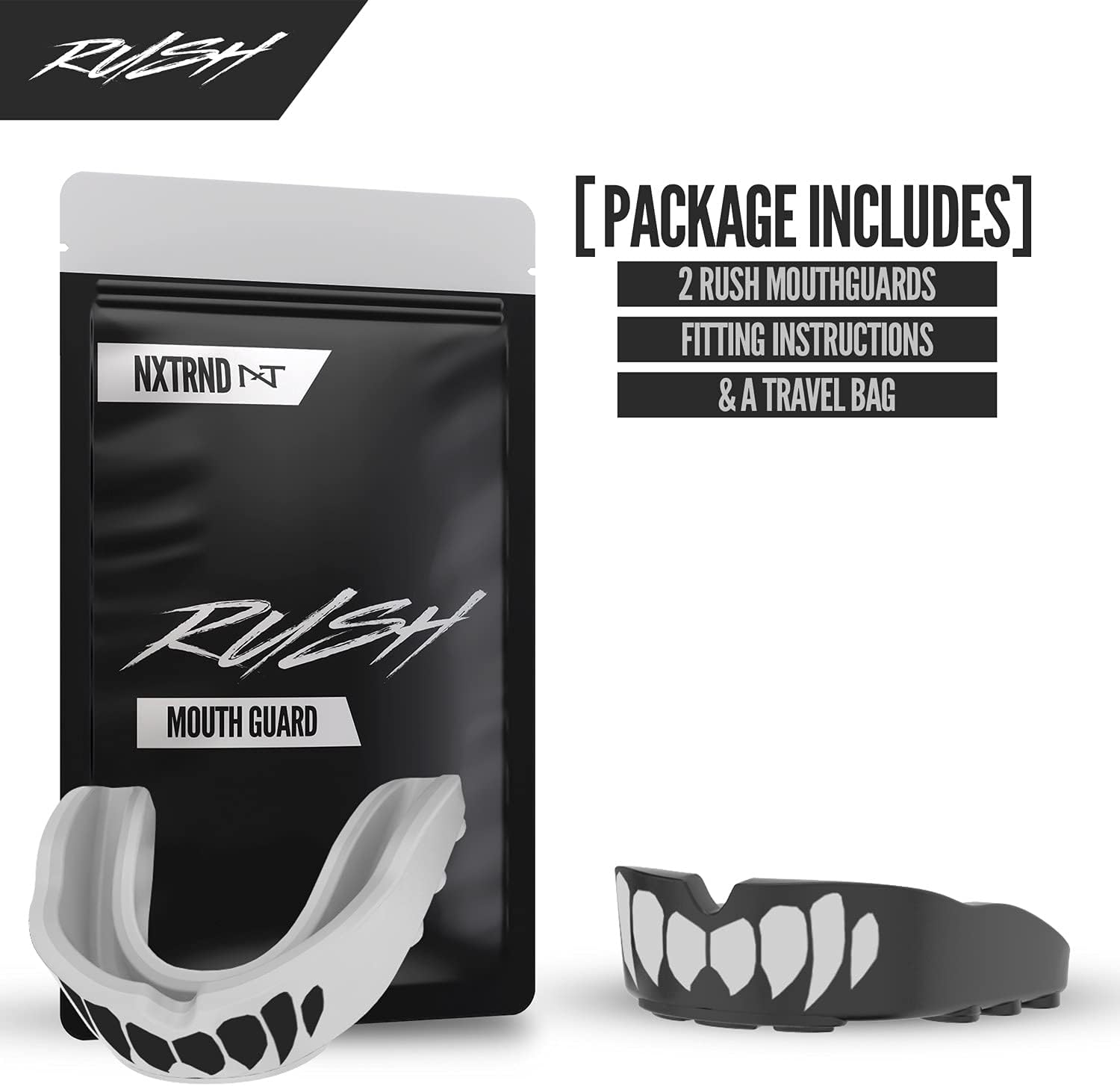 2 Pack Nxtrnd Rush Mouth Guard Sports, Professional Mouthguards for Boxing, Football, MMA, Wrestling, Lacrosse, and All Sports, Fits Adults, Youth, and Kids 11+ (B&W Fang) : Sports & Outdoors