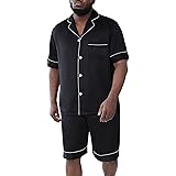 WDIRARA Men's Satin Pajamas Short Sleeve Button Up Top and Shorts Pj Lounge Set