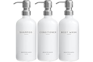White Shampoo and Conditioner Dispenser Set by Brighter Barns - Shower Dispenser for Bathroom - Refillable Plastic Shampoo Bottle & Stainless Steel Pump - Shampoo Dispenser for Vacation Rental (White)