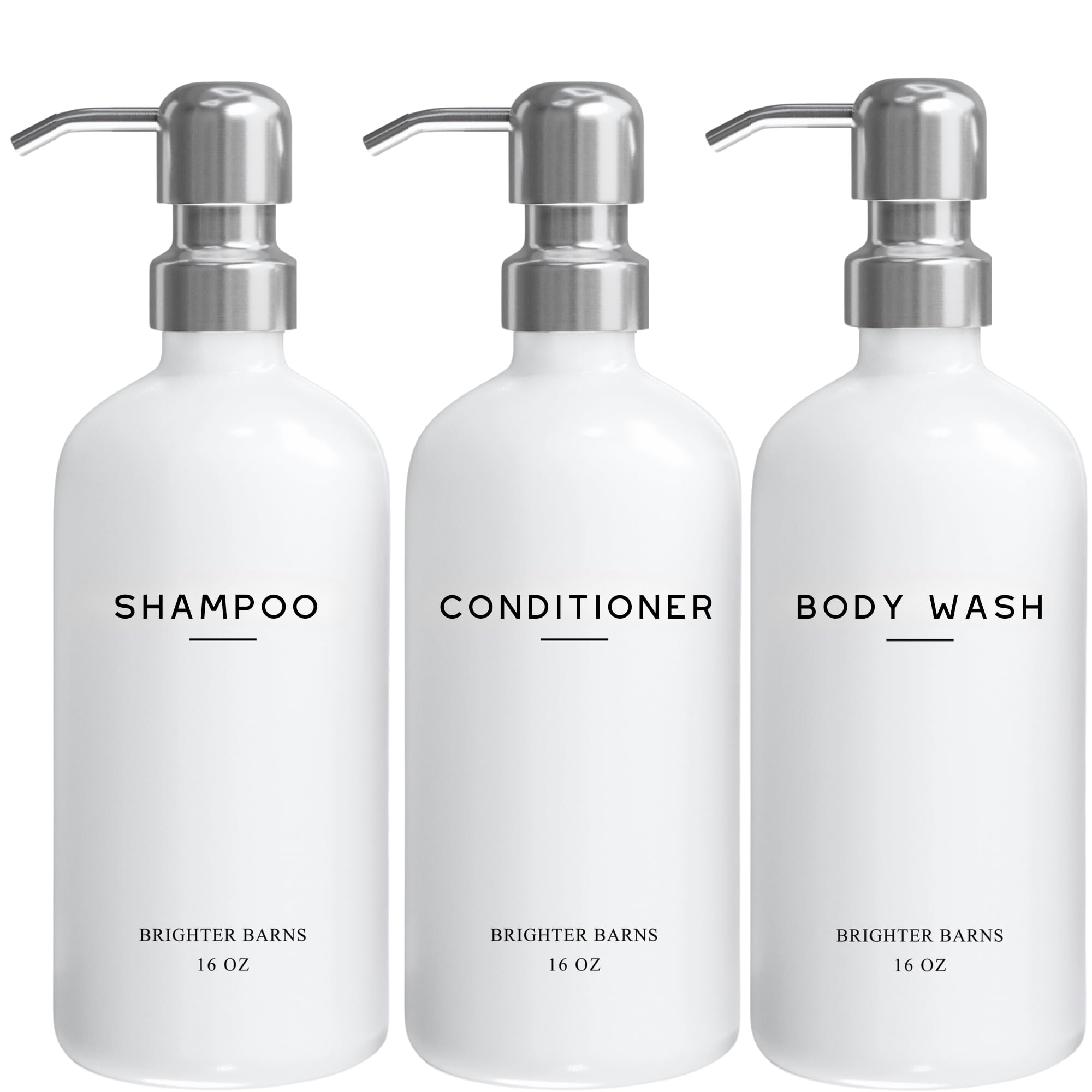 Photo 1 of White Shampoo and Conditioner Dispenser Set by Brighter Barns - Shower Dispenser for Bathroom - Refillable Plastic Shampoo Bottle & Stainless Steel Pump - Shampoo Dispenser for Vacation Rental (White)