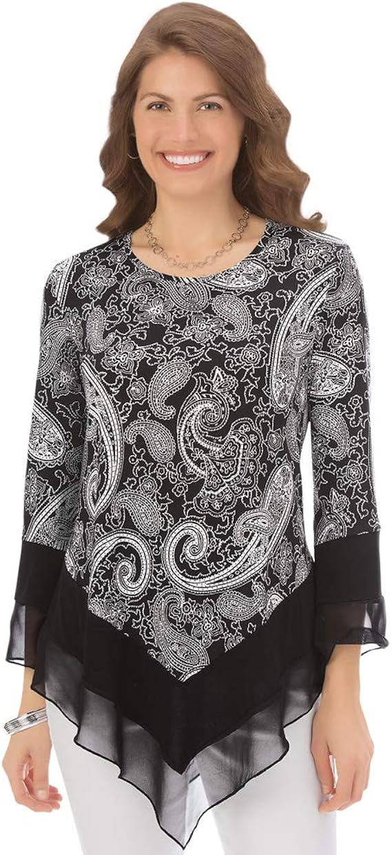 Women's Paisley Printed Tunic Top With Sheer Trim V Shaped Hemline and