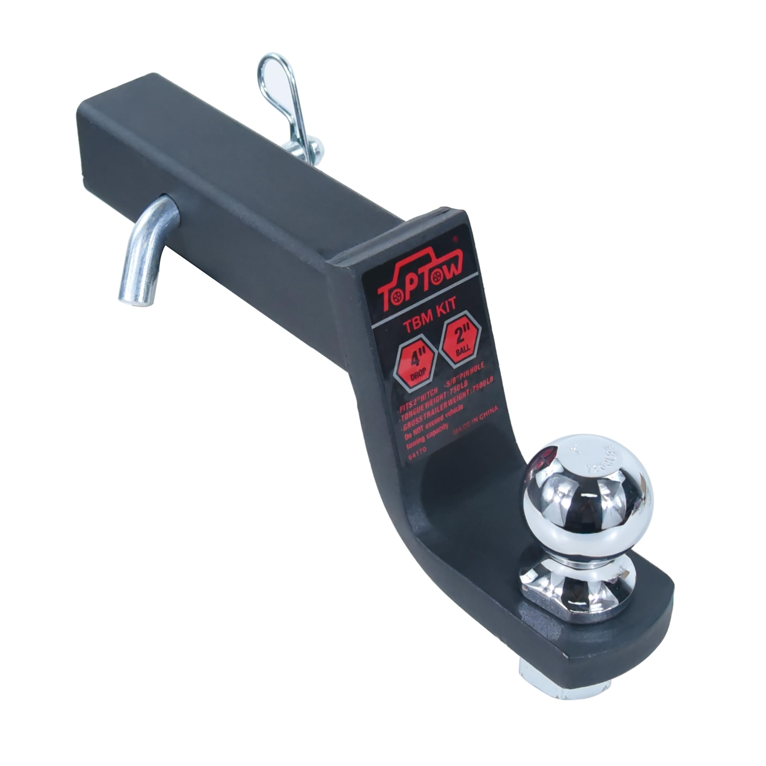 Photo 1 of TOPTOW Trailer Hitch Ball Mount Kit with 2 inch Trailer Ball and 5/8 inch Hitch Pin, 4 inch Drop, Fits 2 inch Hitch Receiver, Matte Black