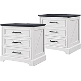 ACCOHOHO Farmhouse Nightstands Set of 2, 22 Inch Wide End Table with Charging Station & 3 Large Drawers, Rustic Wood Small Dresser Chest of Drawers for Bedroom, Living Room, Off White