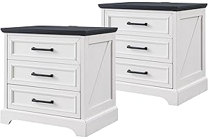ACCOHOHO Farmhouse Nightstands Set of 2, 22 Inch Wide End Table with Charging Station & 3 Large Drawers, Rustic Wood Small Dresser Chest of Drawers for Bedroom, Living Room, Off White