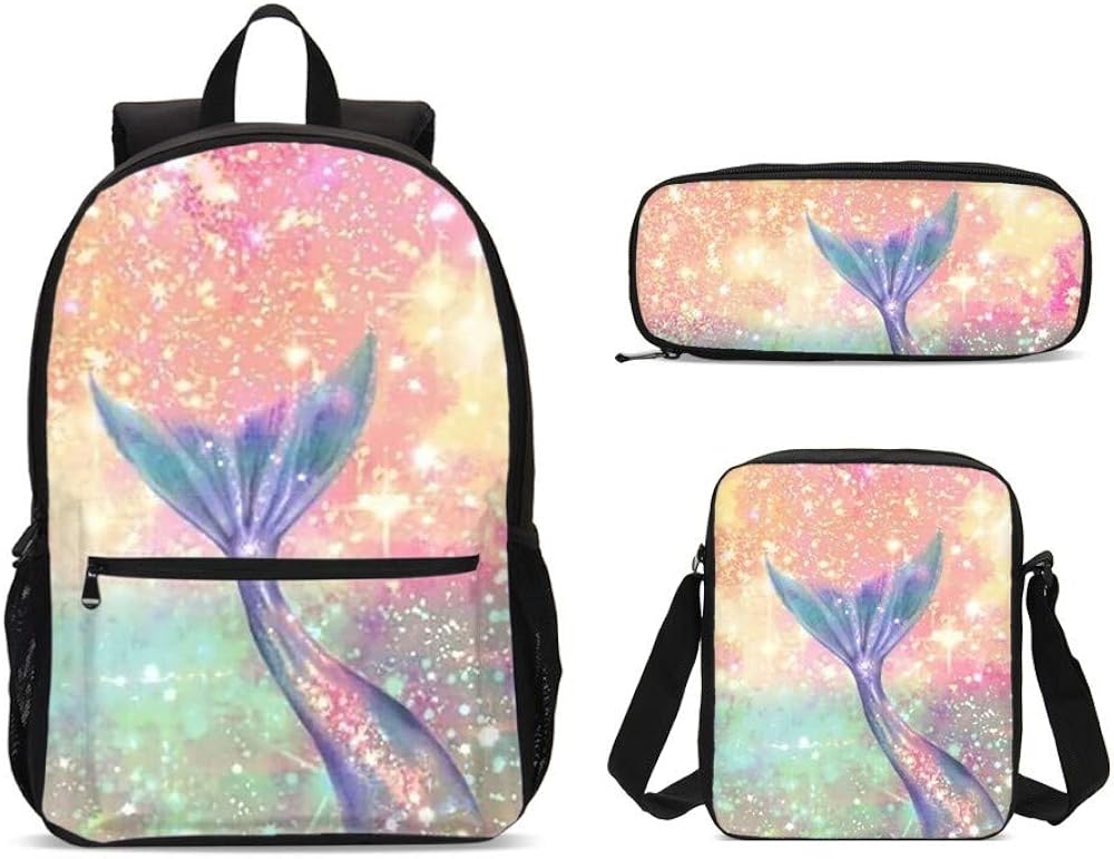 PrelerDIY Mermaid Tail Backpack Set 3 Piece 17 Inch Plus Book Bag Shoulder Bag Pencil Case for Boys Girls 1-6th Grade Kids Back to School