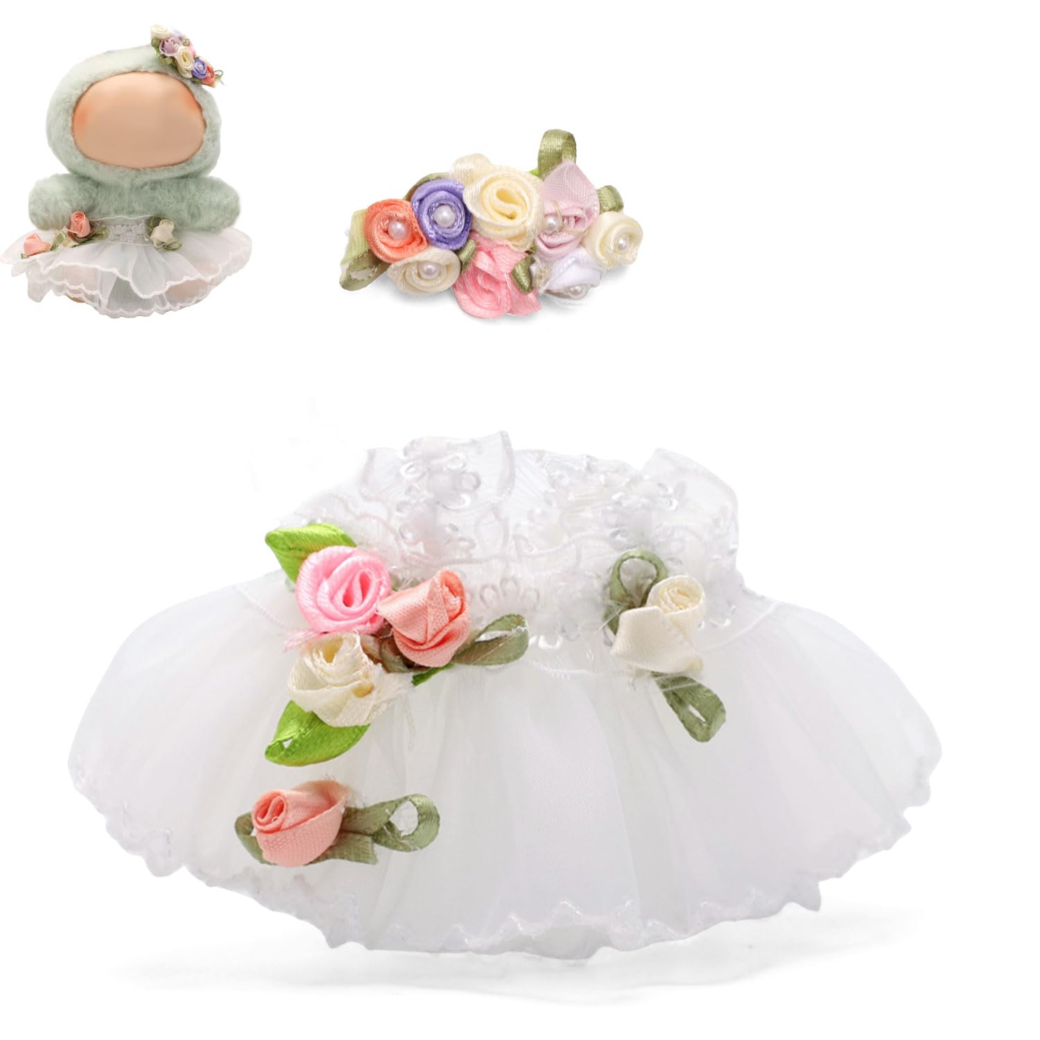 BOXOB Doll Wedding Dress Costume, Elegance Clothes Outfit Set for 15cm Sitting & 17cm Standing Plush Dolls Accessories White Wedding Dress with Flower Hair Clip