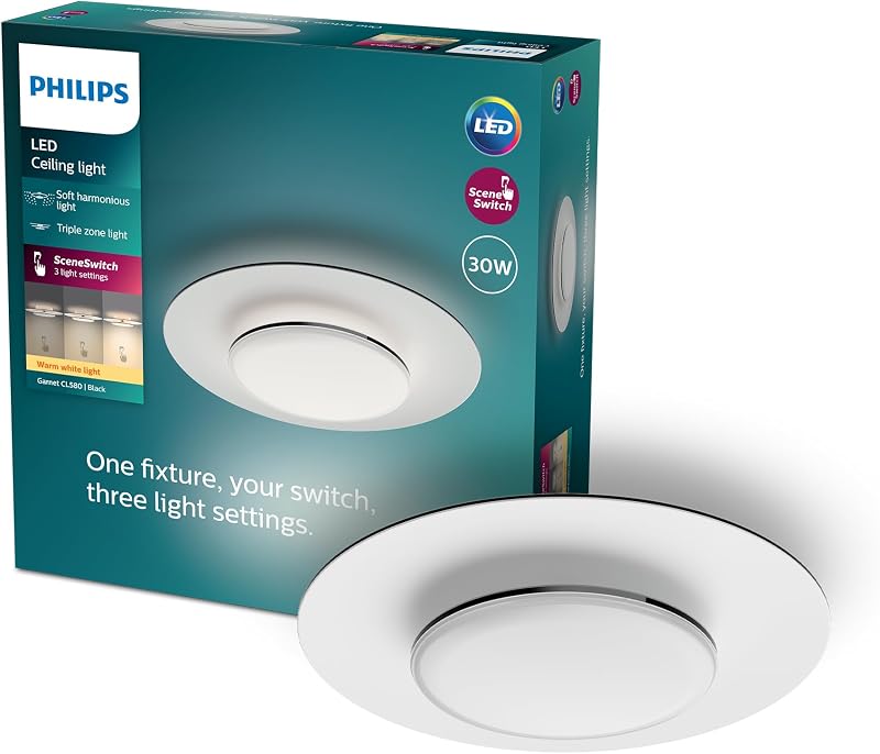 LED Garnet SceneSwitch, Plafoniera Rotonda, Luce Bianca Calda, Dimmer a Fasi, 30W, Nero