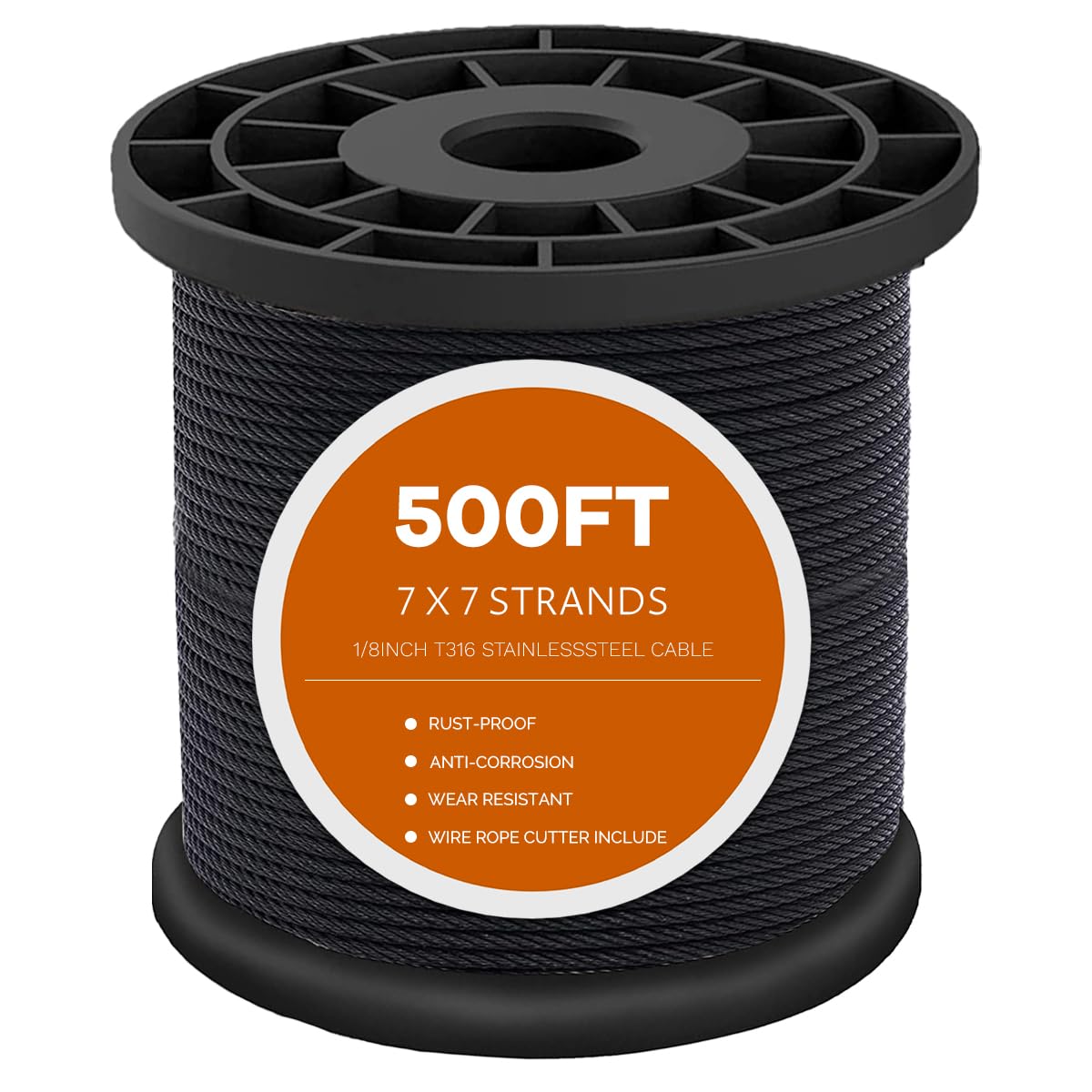 Photo 1 of 500FT T316 Black Stainless Steel Cable 1/8 inch, Black Aircraft Cable for Deck Railing, 7 x 7 Strands Construction Braided Steel Cable Wire