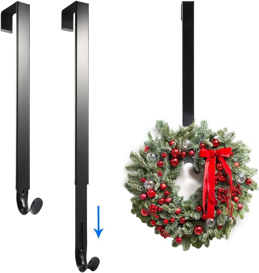 Wreath Hangers - LucyPhy 2 Pack Black Wreath Hanger Adjustable Length from 14 to 26 Inches Wreaths Holder Hook 20LB Heavy Duty for Front Door for Christmas Easter Halloween Decorations Wreath Welcome Sign