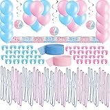 HeroFiber Gender Reveal Party Decorations: Pink, Blue Balloons + Streamers, Long Foil Banner, Hanging Swirls, Mardi Gras Beads (for Necklace or Decoration) Adorable Stickers