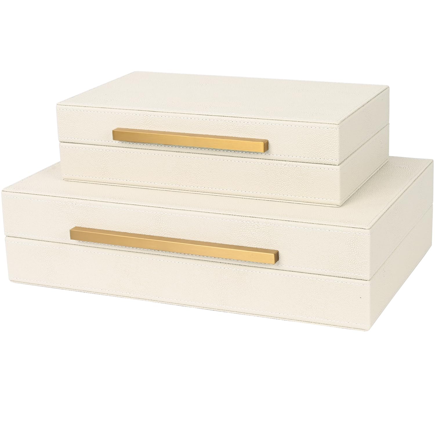 Photo 1 of ***The corner is torn***ZIKOUL Beige Shagreen Decorative Storage Boxes – Set of 2 Faux Leather Jewelry & Memory Boxes with Gold Metal Handles, Nesting Photo Organizers for Home Decor, Gift, and Office Organization***The corner is torn***