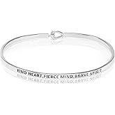 SM Inspirational Positive Message Engraved Thin Cuff Bangle Bracelets for Women (Kind Heart,Fierce Mind,Brave Spirit - Silver)
