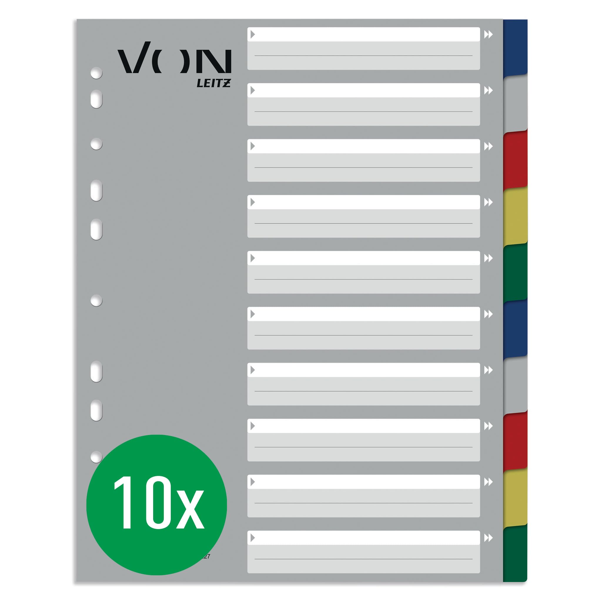 VON Leitz 10 Pack 10-Piece Index A4, Dividers for Folders, Polypropylene, Extra Wide, 11-Hole Universal Index for Loose Leaf Folders and Ring Binders, Multi-Colour, 12270000