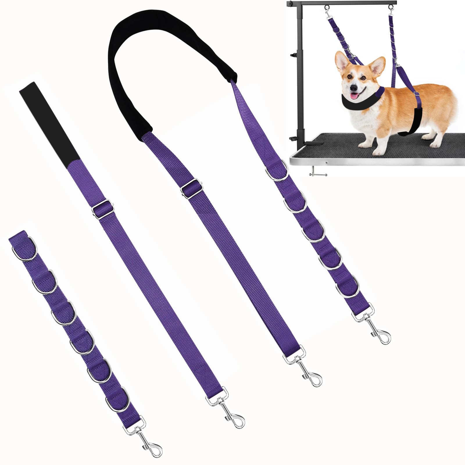 ASOCEA Dog Grooming Belly Strap Nylon Grooming Restraint Loop Noose Dog Grooming Extension Strap Adjustable Traction Leash with D-Rings for Small Medium Cats Dogs Grooming Bathing (Purple)