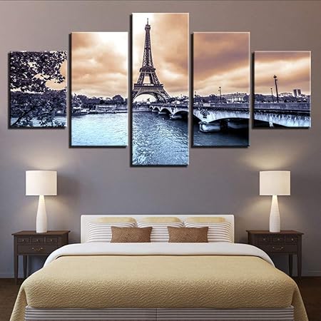Myvovo Pas De Cadre Toile Mur Art Photos Decoration Chambre Affiche 5 Pieces Paris Tour Eiffel River Bridge Hd Imprime Paysage Peinture Amazon Fr Cuisine Maison