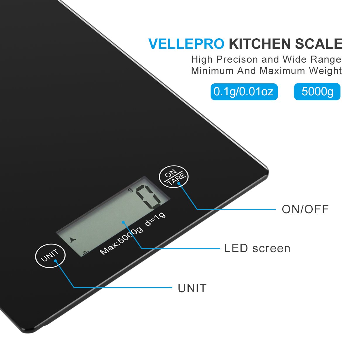 Vellepro Digital Kitchen Scale with 4 Units,Large LCD Display, Auto Off,Tare Function,Multifunction Food Scale with Water-Resistant Tempered Glass Surface,Touch Sensitive Button(Batteries Included)
