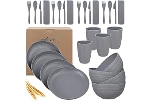 WWYYBFK Wheat Straw Dinnerware Sets, 28PCS Plastic Plates and Bowls Sets College Dorm Room Essentials Dishes Set with Cutlery Set Microwave Safe (Gray)