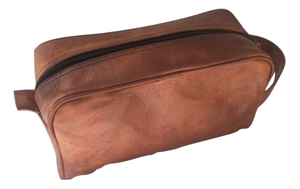 Handmade Goat Genuine Leather Toiletry Bag Dopp Kit Shaving and Grooming Kit for Travel ~ Gift for Men Women ~ Hanging Zippered Makeup Bathroom Cosmetic Pouch Case by VINTAGE CRAFTS