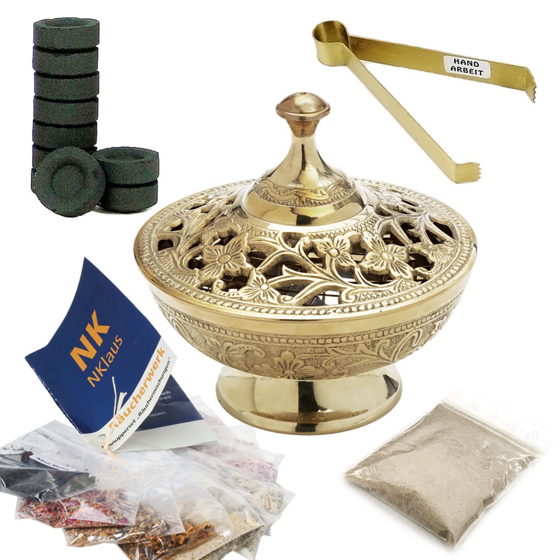 NKlaus 14pcs set incense burner in gold incense tongs incense burner sand incense charcoal 40672