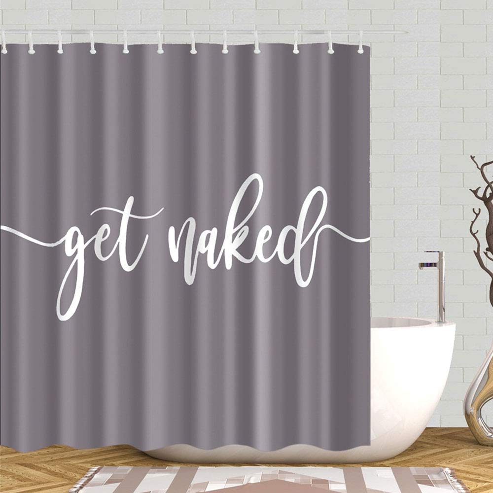 JOOCAR Shower Curtain Cute Get Naked Fashionable Grey Background White Words Water Machine Washable Fabric Bathroom Decor Set with Hook Bath Curtain