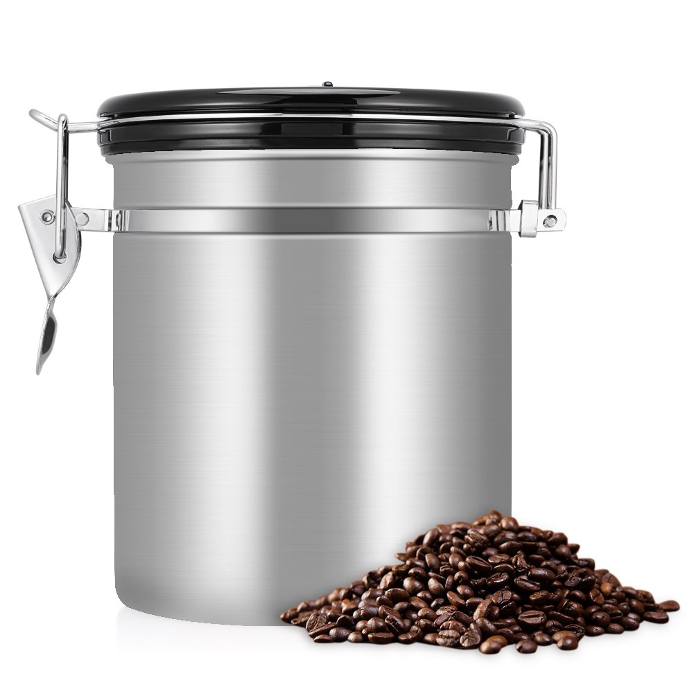SOULONG Large Capacity Modern Classic Coffee Canister, 16 oz Stainless Steel Container with Time Compass, Sealed Lid, 15 x 13 cm, Silver