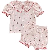 fhutpw Toddler Baby Girls Summer Clothes Cherry/Daisy Printed Puff Short Sleeve Button Down Tops Shorts Set Cute Outfits