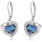 MEDWISE Dolphin Earrings for Women 925 Sterling Silver Heart Drop Dangle Earrings Cubic Zirconia Abalone Shell Earrings for Birthday Christmas