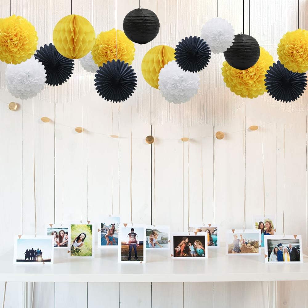 Yellow White Black Party Decorations 16pcs Paper Pom Poms Honeycomb Balls Lanterns Tissue Fans for Bee Day Party Batman Birthday Graduation Baby Shower: Arts, Crafts & Sewing