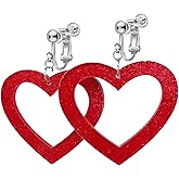 Clip-On Heart Earrings for Women, Non-Pierced Pink Red Hollow Love Heart Jewelry, Statement Hoop Dangling Drop Earrings, Boho Fashion Present