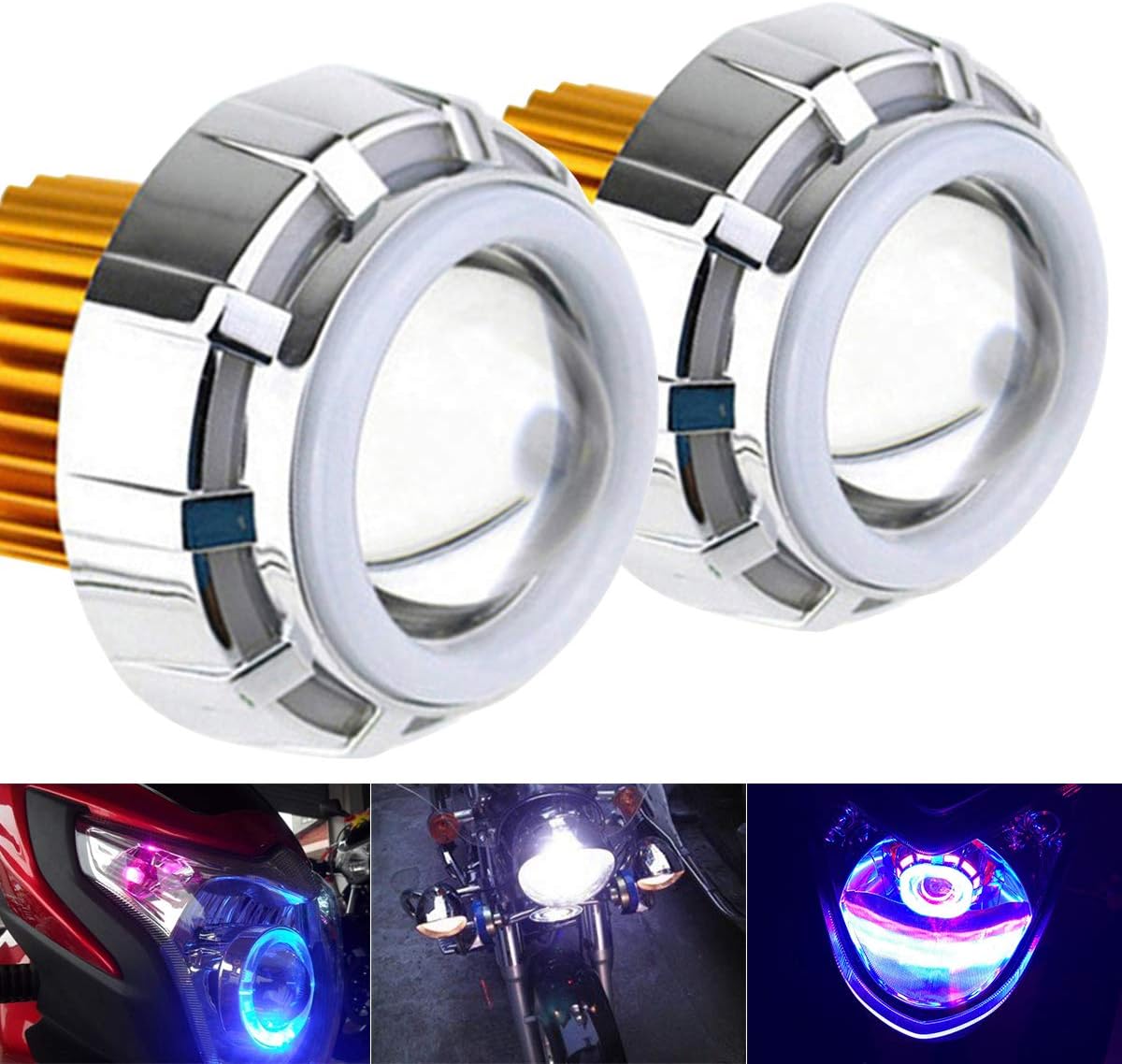 Pocketman Motorcycle Angel Devil Eye LED Headlight Projector Lens Head Lamp 2PCS Universal Motorcycle Fog Light Motorcycle Headlight Electric Bike Work Driving Headlamp Spotlight Blue and White