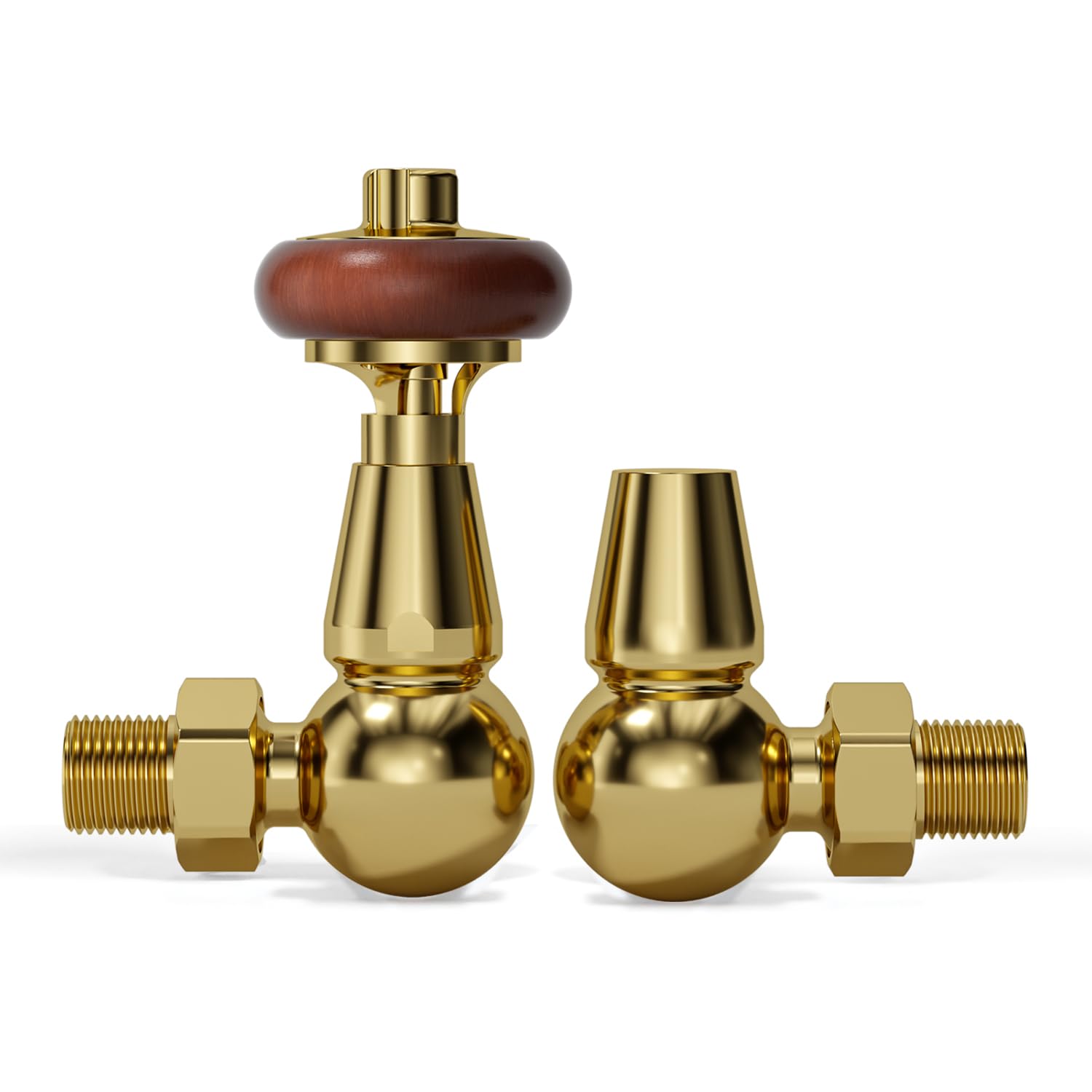 VANCOCO Traditional Polished Brass Corner Radiator Valve & Lockshield 1/2"×15mm, Thermostatic TRV Pair for Cast Iron or Modern Radiators with Solid Wood Handwheel