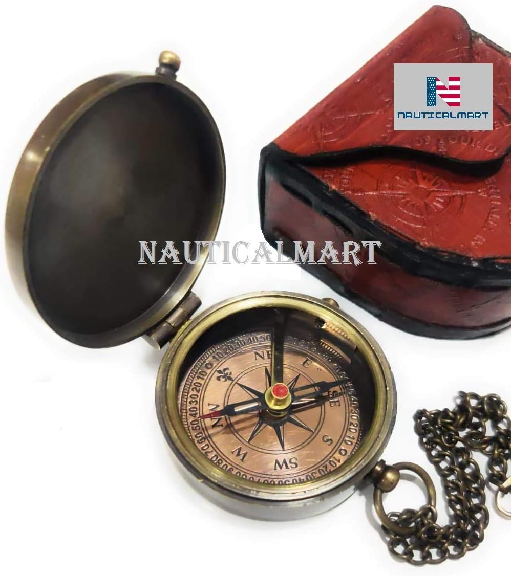 Nautical-Mart Brass Pocket Compass with Leather Case, Wedding Gift, Company Gift - Vintage Working Compass - Image 5