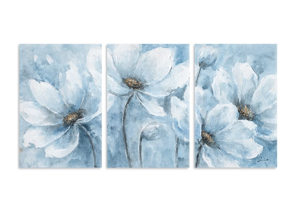 Yidepot Magnolia Flower Picture Wall Decor: Blue And White Flower Canvas Wall Art for Bedroom Floral Painting Frame Ready to Hang (40x60CMx3)